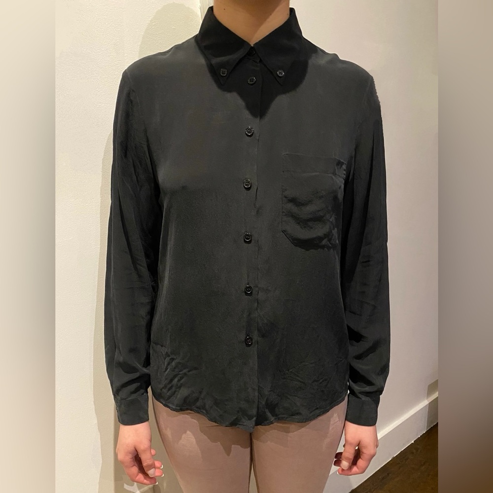 Vintage Goodbye Folk Gray Silk Long Sleeve Button-Up Blouse Size Small